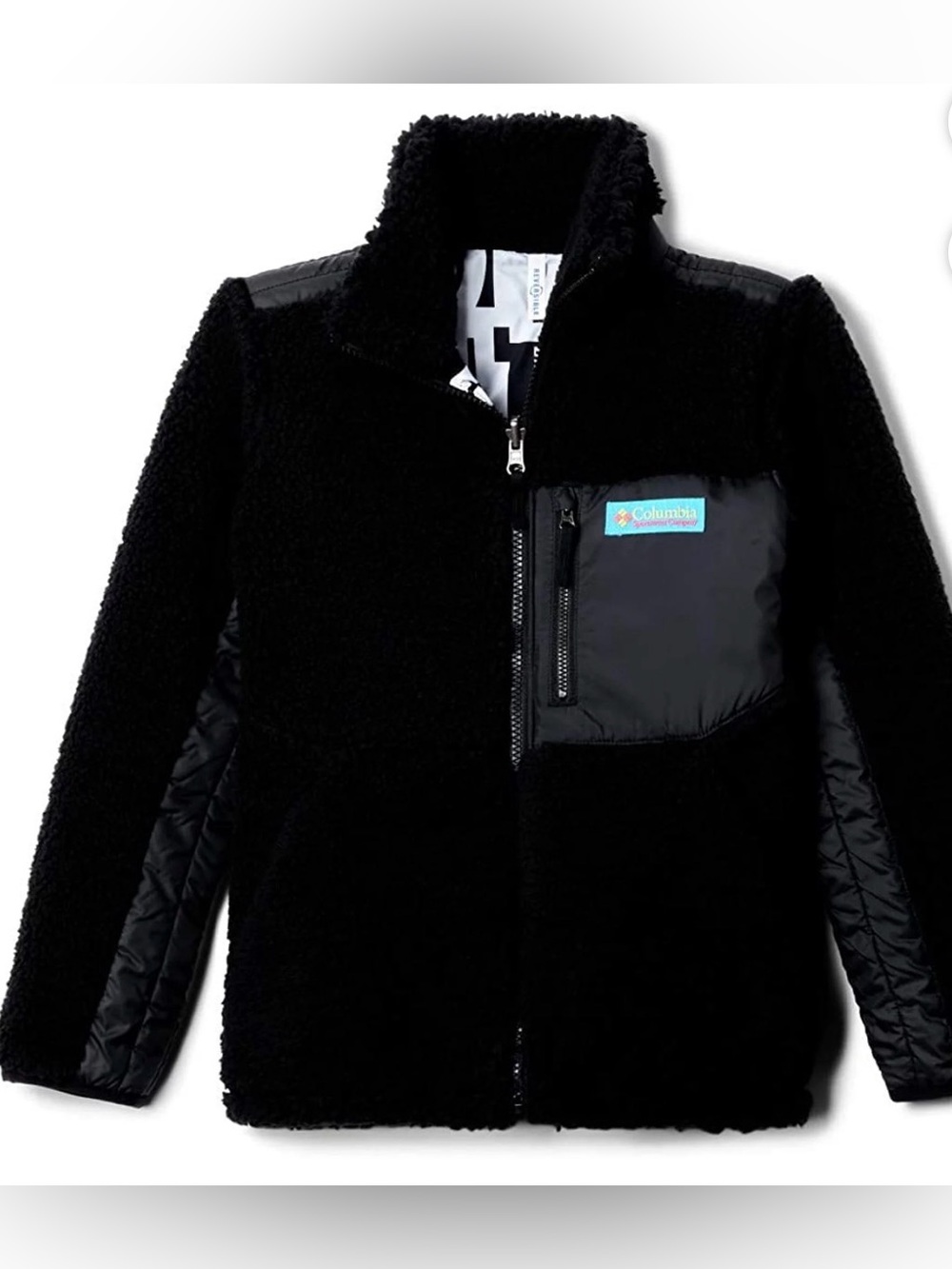 Columbia Black Sherpa Fleece Jacket with Quilted Chest Panel